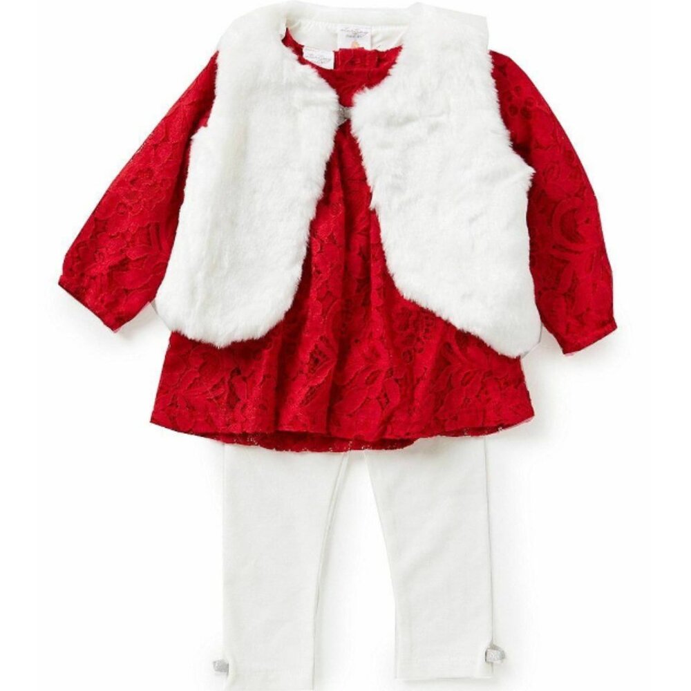Starting Out 3PC Set, White Faux Fur Vest, Red Lace Shirt, Ivory Leggings, NWT!